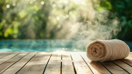 A soft white towel rests on a wooden deck, surrounded by steam. This serene scene captures a tranquil moment ideal for relaxation and wellness, enhancing any spa or outdoor setting.の素材