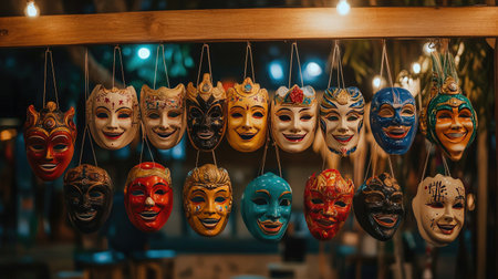 A captivating display of colorful traditional masks hanging in a night market. Each mask showcases unique designs, representing diverse cultural expressions and artistry.の素材