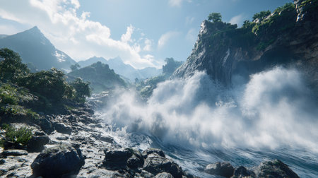 Experience the beauty of nature as massive ocean waves crash against a rocky shoreline, framed by lush greenery and majestic mountains under a bright sky.の素材