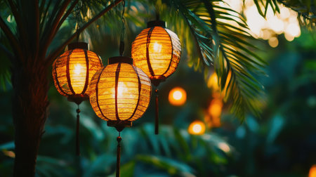 A serene scene featuring warm lanterns glowing amidst lush tropical leaves, creating an inviting atmosphere. Perfect for capturing summer evenings and outdoor gatherings.の素材