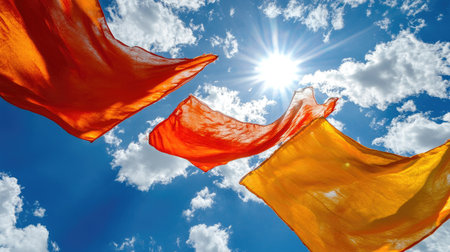 Vibrant orange and yellow fabrics dance in the breeze against a bright sky, illuminated by sunlight and surrounded by fluffy clouds, creating a joyful atmosphere.の素材