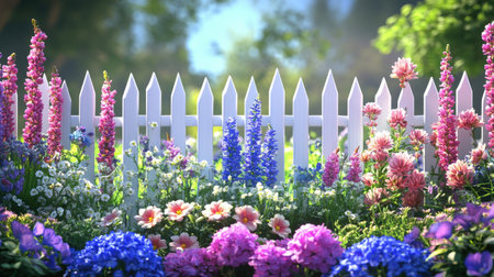 A vibrant garden filled with various colorful flowers blooms next to a charming white picket fence, creating a peaceful and picturesque outdoor setting.の素材