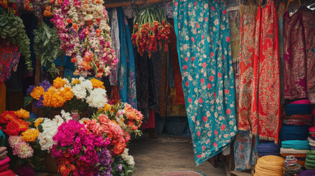 A vibrant textile shop showcasing colorful fabrics and fresh flower arrangements. This scene captures the essence of local markets and traditional craftsmanship.の素材