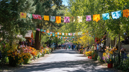 A vibrant outdoor scene featuring colorful banners strung across a tree-lined street, adorned with beautiful flowers, creating a festive atmosphere filled with joy.の素材