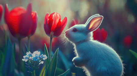 A cute white rabbit peeks at vibrant red tulips, surrounded by soft greenery. This enchanting garden scene captures the beauty of spring and nature's bounty.の素材