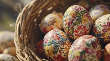 A beautiful assortment of colorful floral painted Easter eggs arranged in a natural woven basket, showcasing intricate designs and vibrant colors, perfect for spring celebrations.の素材