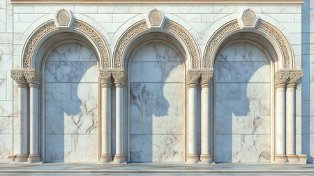 This image showcases elegant architectural arches with intricate details set against a marble wall, highlighting the play of light and shadow in a classic design.の素材