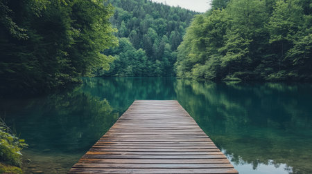A peaceful wooden dock stretches out over a serene lake, surrounded by lush green forests. The tranquil scene invites relaxation and outdoor exploration.の素材