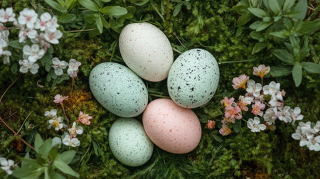 A beautiful display of five colorful Easter eggs nestled in green moss, surrounded by delicate spring flowers, representing the essence of seasonal festivities and nature's beauty.の素材