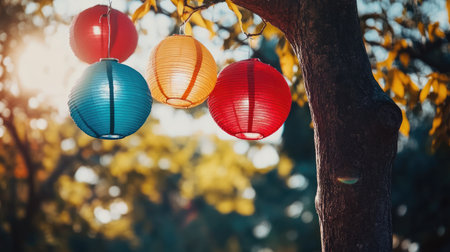 Beautiful colorful lanterns hang from a tree branch, glowing warmly in the autumn light. The scene captures a festive atmosphere perfect for celebrations.の素材