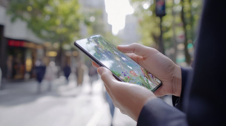 A person holds a smartphone in their hands while standing on a busy urban street. Surrounded by greenery, the scene captures the blend of technology and nature in daily life.の素材