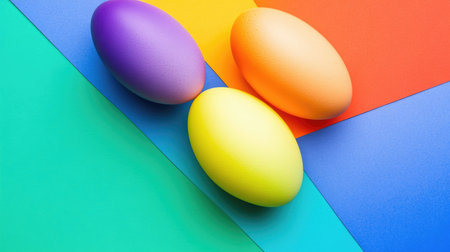 Three brightly colored eggs in orange, yellow, and purple are arranged on a vibrant geometric paper background, perfect for spring celebrations and creative projects.の素材