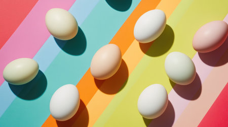A lively composition featuring colorful eggs on a vibrant striped background, capturing the spirit of spring and festive celebrations. Ideal for creative projects.の素材