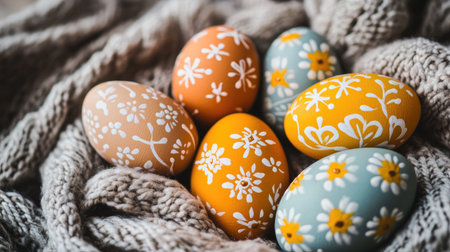 A beautiful arrangement of hand-painted Easter eggs featuring vibrant colors and floral designs, resting on a cozy knit blanket, perfect for spring celebrations.の素材