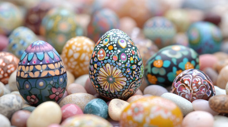 A stunning collection of decorative Easter eggs featuring intricate, colorful designs arranged among smooth pebbles, perfect for springtime celebrations.の素材