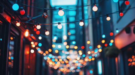 A captivating view of colorful string lights hanging above a narrow urban alleyway, creating a warm and inviting atmosphere perfect for nighttime gatherings and events.の素材