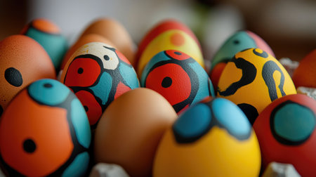 A vibrant collection of colorfully hand-painted Easter eggs arranged beautifully, showcasing artistic designs. Perfect for spring celebration themes.の素材