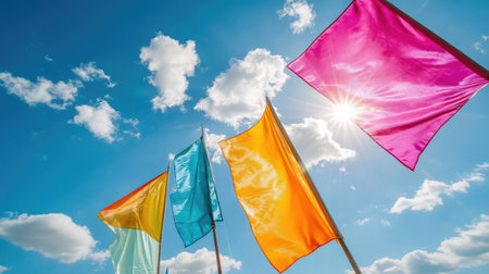 Bright and colorful flags fluttering gracefully against a vivid blue sky filled with fluffy clouds, capturing a sense of joy and celebration in nature.の素材