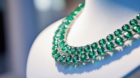 This elegant green gemstone necklace displays stunning craftsmanship. Its design features vibrant stones that catch the light beautifully, making it a perfect accessory for luxurious fashion statements.の素材
