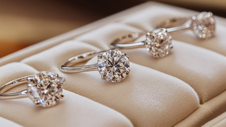 A stunning display of elegant white diamond rings on a soft velvet tray, showcasing the brilliance and craftsmanship of each piece. Perfect for weddings or special occasions.の素材