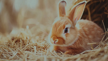 A charming brown bunny rests in a bed of hay, exuding cuteness and warmth. The soft background enhances the adorable features of this young rabbit.の素材