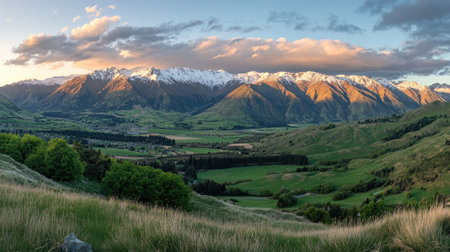 Breathtaking landscape showcasing a majestic mountain range under golden hour light, framed by a lush valley, clouds, and a serene sky, perfect for nature lovers.の素材