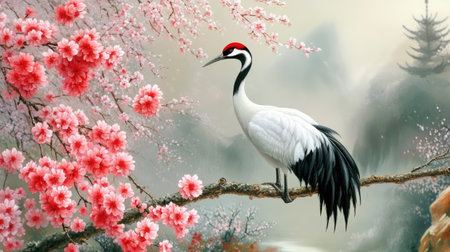 A stunning crane perched on a branch, surrounded by vibrant cherry blossoms. The serene scene captures nature's beauty and tranquility in soft colors.の素材