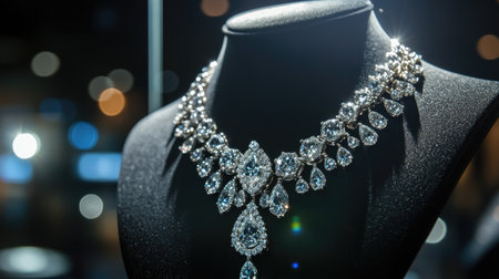 This stunning image showcases an elegant diamond necklace displayed on a black bust form, illuminated by soft light, emphasizing its sparkle and intricate design.の素材