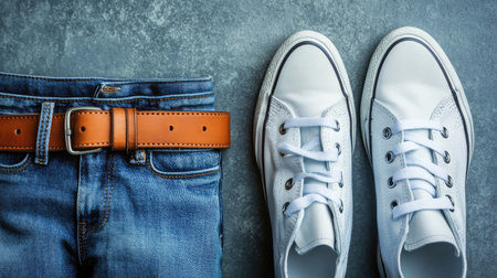 A stylish flat lay composition featuring blue jeans, a brown belt, and classic white sneakers. This casual outfit showcases modern fashion essentials for a relaxed look.の素材