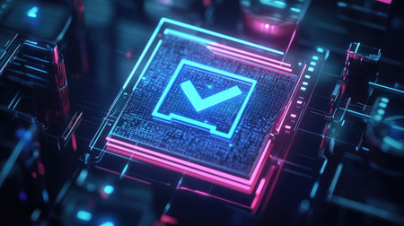 A captivating futuristic design featuring a glowing checkmark symbol on a neon circuit board, perfect for technology-focused projects and digital themes.の素材