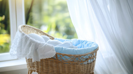 A serene nursery scene featuring a wicker bassinet with soft blue bedding, illuminated by gentle sunlight streaming through a large window.の素材