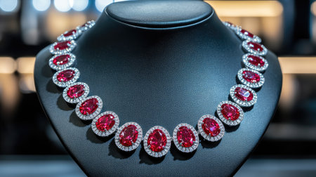 Captivating ruby necklace adorned with brilliant diamonds, displayed elegantly on a black background. Perfect piece for luxury enthusiasts and fashion lovers.の素材
