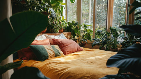 A cozy bedroom featuring a vibrant yellow bedspread and soft pillows, surrounded by lush green plants, creating a tranquil and inviting atmosphere filled with natural light.の素材