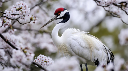 A stunning crane stands gracefully among vibrant cherry blossom flowers, showcasing its striking features. This serene scene captures the essence of spring and beauty in nature.の素材
