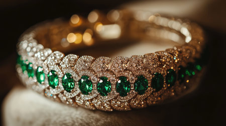 This stunning gold bracelet features intricate designs adorned with beautiful emerald stones and dazzling diamonds, perfect for elegance and luxury.の素材