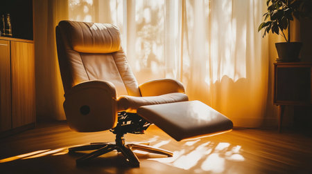 A stylish relaxing chair bathed in warm sunlight creates an inviting atmosphere. Soft leather upholstery complements the serene environment, perfect for unwinding.の素材