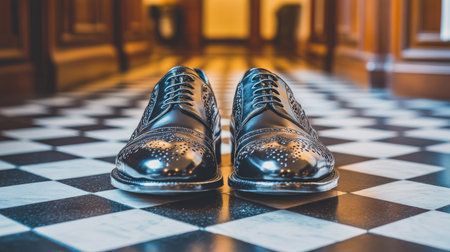 Stunning black dress shoes sit on a classic checkerboard floor, creating an elegant and sophisticated atmosphere, perfect for fashion or interior design.の素材