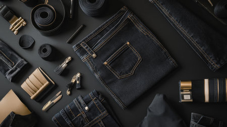 This image features a flat lay arrangement of denim jeans and various fashion accessories on a dark surface, perfect for showcasing modern clothing styles and trends.の素材