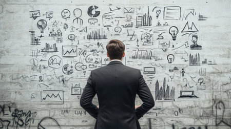 A businessman stands in front of a wall covered with sketches of graphs, icons, and data, reflecting on strategies and insights for success.の素材