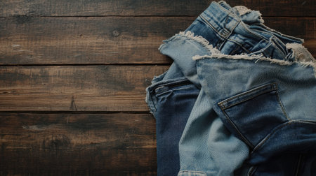 This photo showcases a collection of casual denim pieces, featuring various shades and textures, styled on a rustic wooden surface, perfect for fashion inspiration.の素材