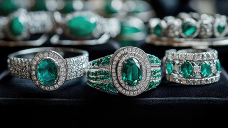 This stunning display showcases elegant silver rings adorned with vibrant emeralds and sparkling diamonds, highlighting intricate designs and luxurious craftsmanship.の素材