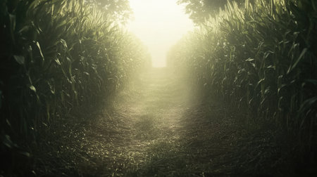 A serene pathway through a misty cornfield, surrounded by tall green plants. The soft light creates a tranquil atmosphere perfect for nature lovers.の素材