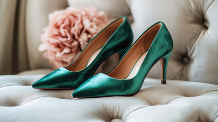 Discover an exquisite pair of green satin high heels resting on a plush beige surface, accented by a delicate floral backdrop. Perfect for fashion enthusiasts.の素材