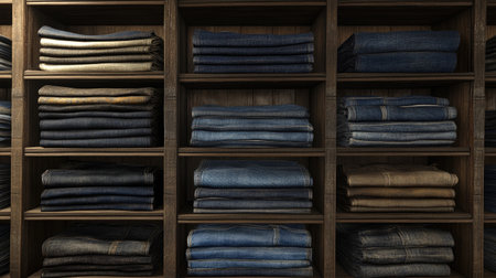 A collection of neatly folded denim jeans in various colors stacked on wooden shelves, showcasing a well-organized retail space that highlights fashion and style.の素材