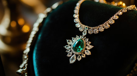 A stunning necklace featuring a vibrant emerald centerpiece is showcased on a plush velvet display. This luxurious piece embodies elegance and charm, perfect for any special occasion.の素材