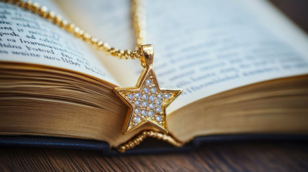 A stunning gold star pendant necklace gracefully rests on an open book, showcasing sparkling gems that catch the light, creating a beautiful contrast with vintage pages.の素材