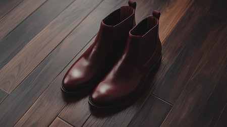 A pair of stylish burgundy leather boots resting on a polished wooden floor, showcasing elegance and modern design ideal for fashion-oriented individuals.の素材