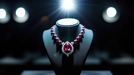 A stunning ruby and diamond necklace is elegantly displayed under bright, dramatic lighting, highlighting its intricate design and luxurious appeal.の素材