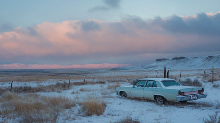 A vintage car rests abandoned in a snowy landscape, surrounded by quiet fields and a striking sky. The serene atmosphere captures a moment of solitude and desolation.の素材