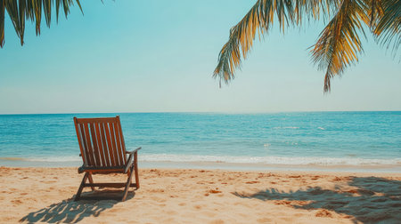 A serene beach scene showcasing a wooden chair under a palm tree. The turquoise ocean waves gently lap at the sandy shore, perfect for relaxation and escape.の素材